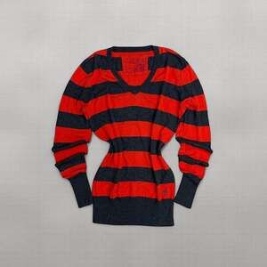 Y2K Nollie Striped V-Neck Sweater Womens M Red Gray Star Embroidered Grunge Knit